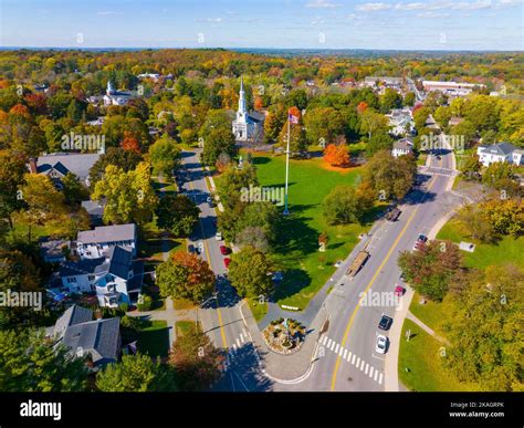 Lexington town center aerial view in fall on Lexington Common and First ...