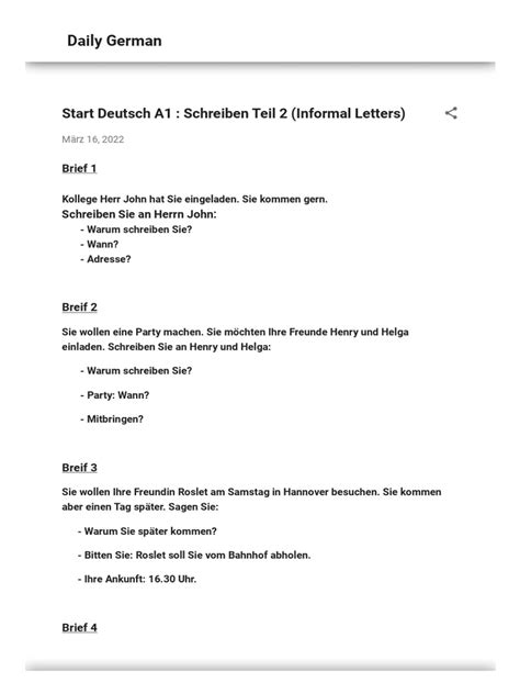 Start Deutsch A1 - Schreiben Teil 2 (Informal Letters) | PDF