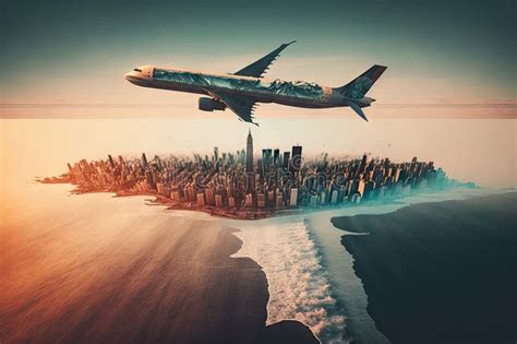 Double Exposure of Journey by Plane Flights To City Over Ocean Stock ...