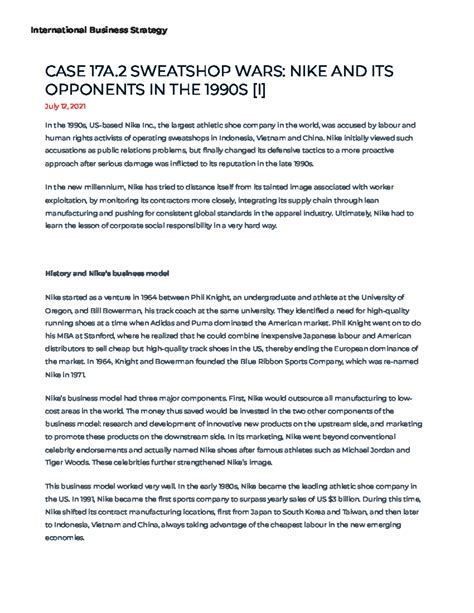 Case 17A.2 Sweatshop wars Nike and its opponents in the 1990s [i ...