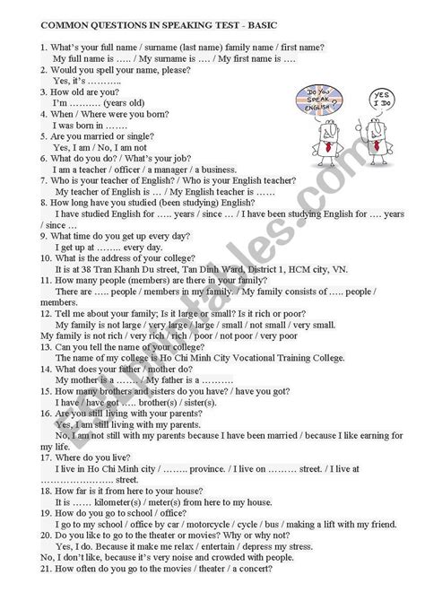 Common questions in speaking test - ESL worksheet by lincon6