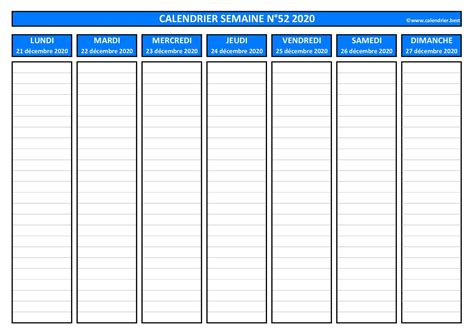 Semaine 52 2020 : dates, calendrier et planning hebdomadaire à imprimer