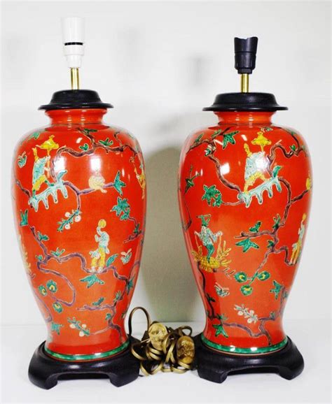 Red Chinoiserie Table Lamps with Enamel Figures and Branches - Lamps ...