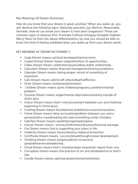 Key Meanings Of Dream Dictionary | PDF | Dream