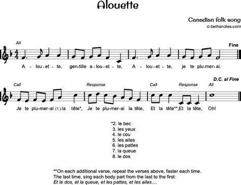 Alouette Beth's Notes Songs & Resources