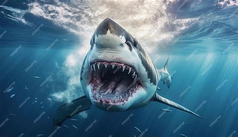 Un Grand Requin Blanc Nageant Sous L'eau Avec Sa Bouche Ouverte | Photo ...