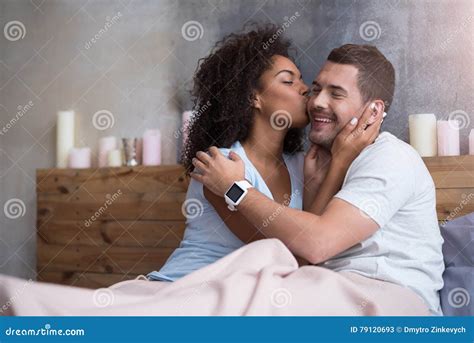 Delighted Girl Kissing Her Husband Stock Image - Image of husband ...