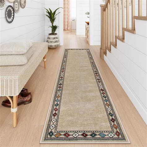 Lahome Modern Bordered Hallway Runner, 2.5x8 Rug Non-Slip Washable Kitchen Runner Rugs Non Skid Washable Ultra-Thin Soft Carpet for Hallways Bathroom Laundry Bedroom (2.5'x 8',Beige)