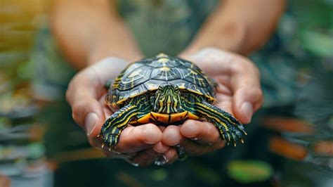 Generative AI Strong Male Hands Gently Holding Turtle the Attachment To ...