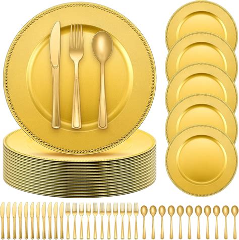 Dandat 200 Pcs Gold Charger Plates Sets Bulk 13 Inch Plastic Beaded Charger 50 Round Wedding Chargers with Gold Plastic Silverware 50 Knives, 50 Forks, 50 Spoons for Dinner Table Setting Wedding Party
