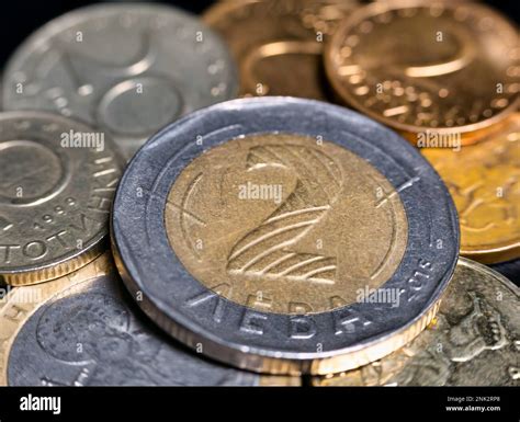 Macro detail with Bulgarian Lev coins. the Lev is the official currency ...