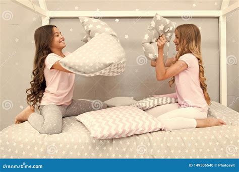 Soulmates Girls Having Fun Sleepover Party. Pillow Fight Pajama Party ...
