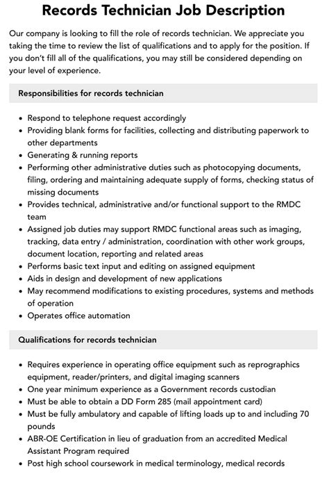 Records Technician Job Description | Velvet Jobs