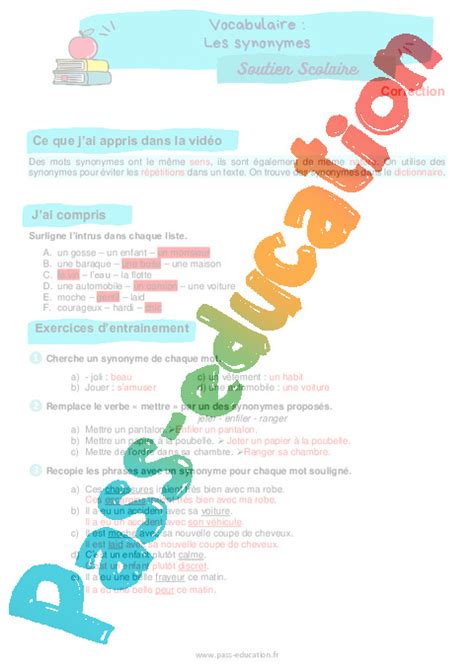 Les synonymes - Ce1 - Soutien scolaire pour les élèves en difficulté ...