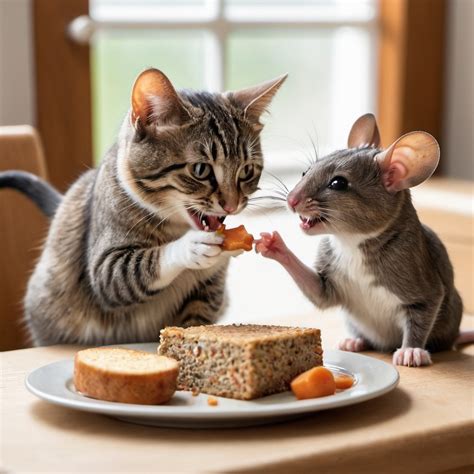 A happy cat and mouse eating together