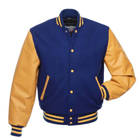 Buy Royal Wool Varsity Jacket with Gold Leather Sleeves