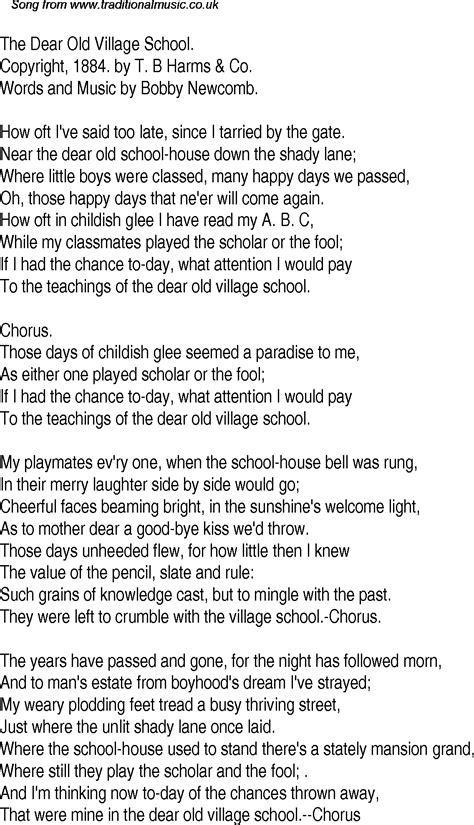 Old Time Song Lyrics for 26 The Dear Old Village School