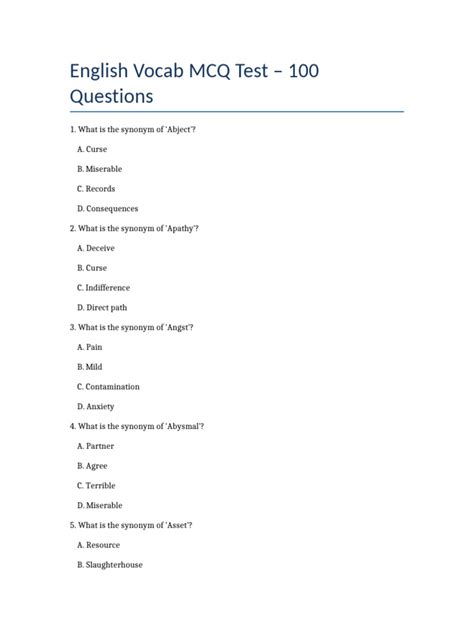 English Synonym MCQ Test | PDF | Private Law