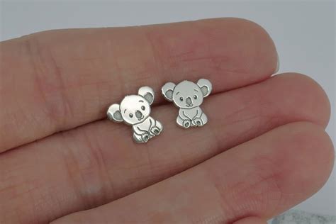 Sterling Silver Koala Bear Stud Earrings, Cute Accessories, 24ct Yellow ...