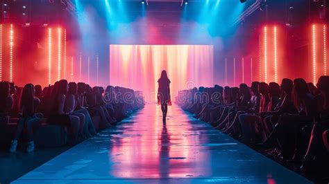 Luxury Fashion Show Catwalk with Models on Stage and Colorful Lights ...