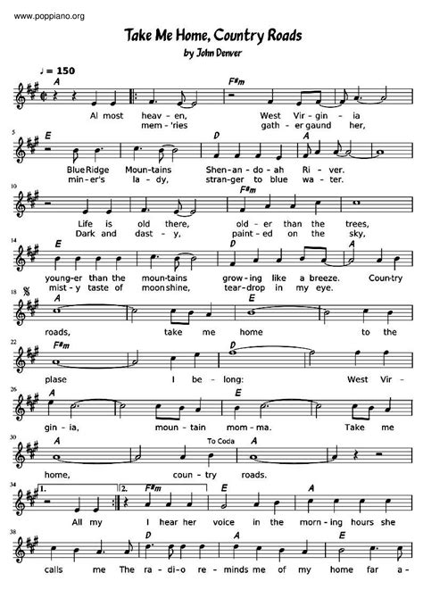 John Denver-Take Me Home, Country Roads Sheet Music pdf, - Free Score ...