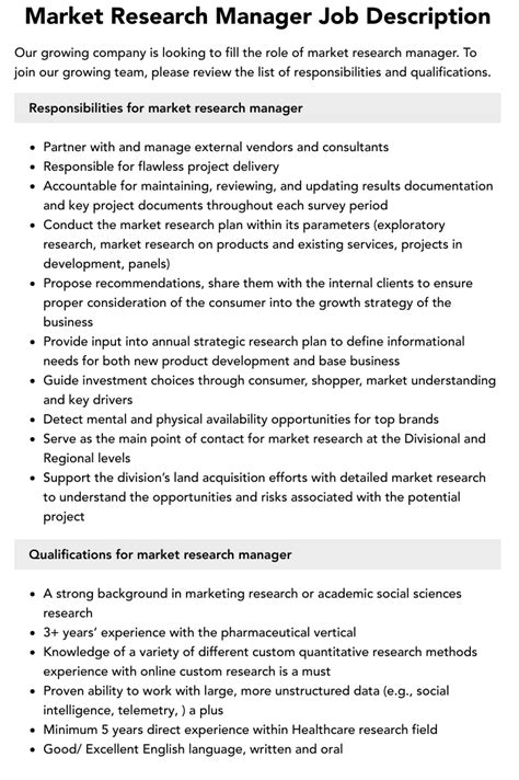 Market Research Manager Job Description | Velvet Jobs