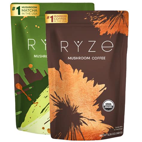 RYZE SUPERFOODS All Day Energy Bundle with Mushroom Coffee + Mushroom Matcha, USDA Organic with 6 Adaptogenic Mushrooms + MCT Oil & Matcha for Better Energy, Focus, Digestion, Immunity, 30+30 serving