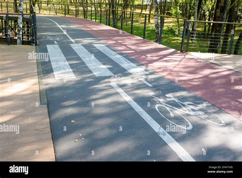 Bike path with direction signs, walking path and pedestrian crossing ...
