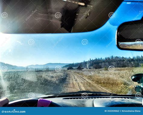 Car Salon, Windshield, Steering Wheel and Landscape. View from Seat of ...
