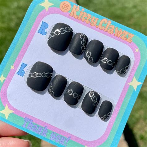 Matte Black With Silver Metallic Chain Nail Art, Hand Painted Reusable ...