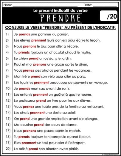 French Verb Conjugation / Conjugaison du verbe PRENDRE – Présent