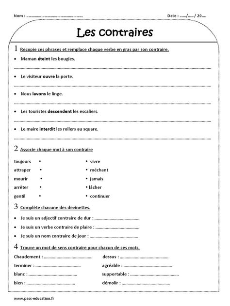 Contraires Antonymes Ce2 Exercices À Imprimer | PDF