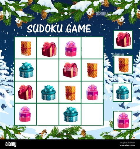 Christmas sudoku game for kids with holiday gifts boxes. Children ...