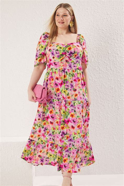 Trendyol Plus Multicolor-roz Rochie de vară cu model floral țesută cu ...