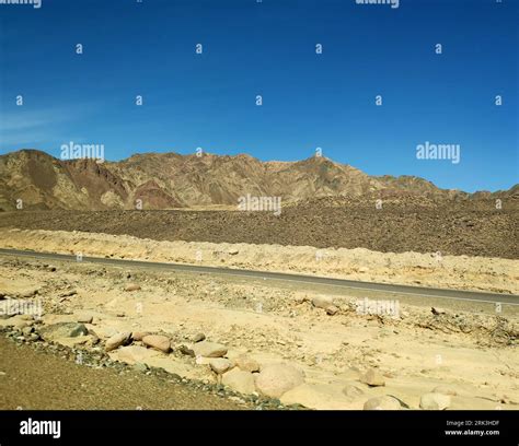Road in the Sinai desert, picturesque background with mountains and ...