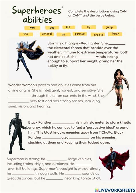 Superheroes' abilities worksheet | Teaching english, Teaching tips ...