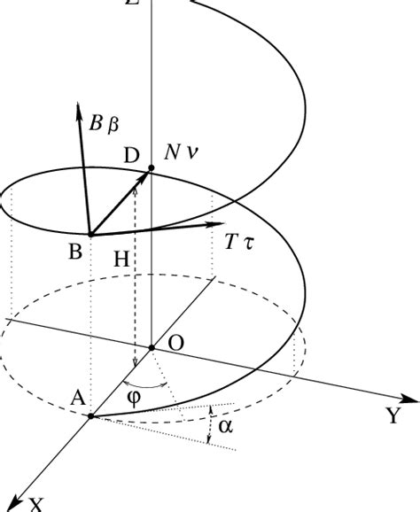 Spiral line (helix) with a pitch H. Geometry and acting rope forces T τ ...