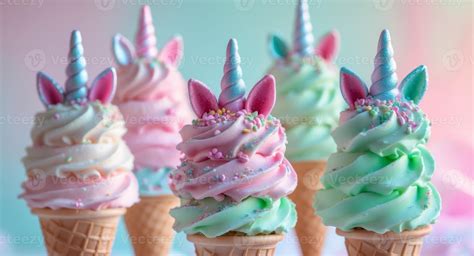 Unicorn ice cream cones with pink and green frosting 54332215 Stock ...