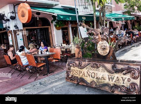 Miami Beach Florida Espanola Way entrance restaurant alfresco tables ...