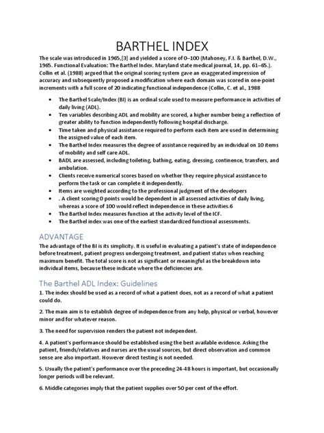 Barthel Index | PDF | Clinical Medicine | Medical Specialties