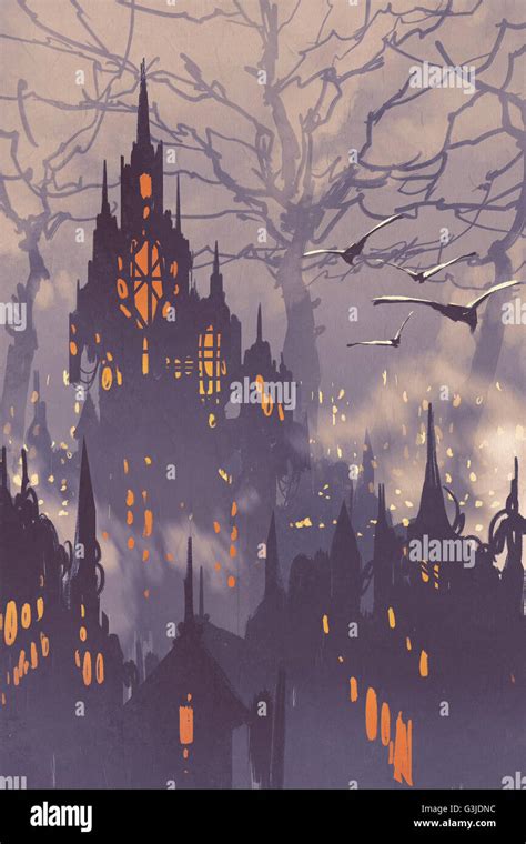 Fantasy city fairy town big landscape trees hi-res stock photography ...