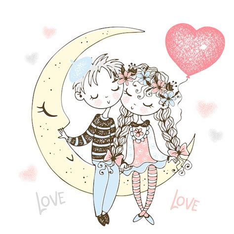 Un Garçon Et Une Fille Amoureuse Sont Assis Sur La Lune Avec Un Ballon ...