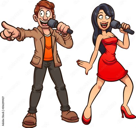 Karaoke singing male and female couple. Vector cartoon clip art ...