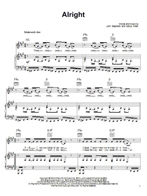 Alright by John Legend Sheet Music for Piano, Vocal & Guitar Chords ...