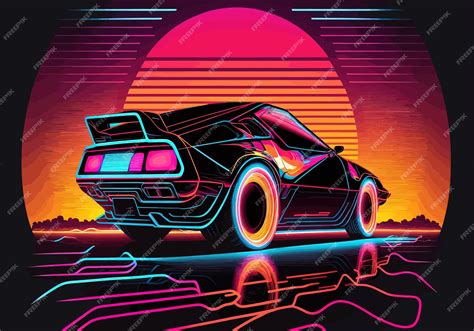 Affiche au néon avec une voiture Style rétro néon cyberpunk voiture de ...