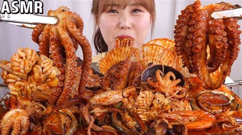 ASMR Mukbang｜Eating Korean Braised spicy seafood of octopus, abalone, scallops, etc