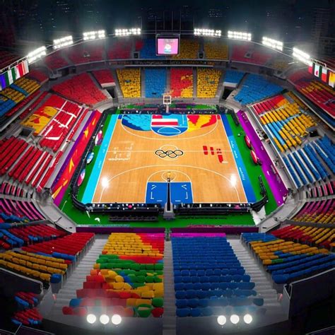 A sports arena with a stadium with the olympic rings on the center ...