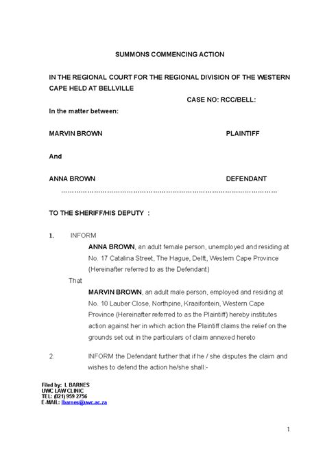 Summons - study notes and summaries - SUMMONS COMMENCING ACTION IN THE ...