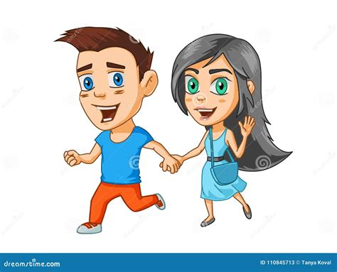 Un Garçon Et Une Fille Sautant Heureusement Tenant Des Mains ...