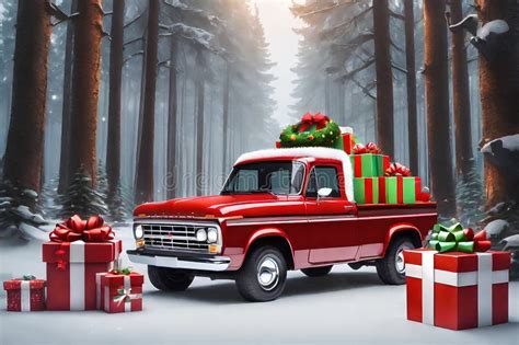 A Red Pickup Truck Decorated with Gift Boxes and a Christmas Wreath ...